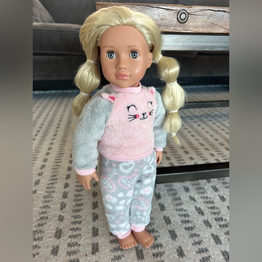Our Generation 18” Doll wearing Pink & Gray Cozy Cat Pajamas